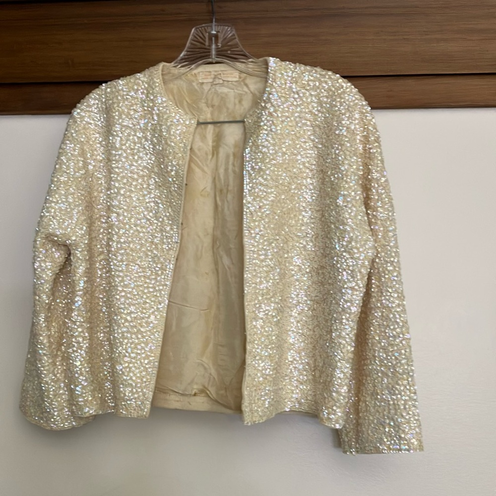 Vintage Sequin Embellished Cream Jacket Size Small